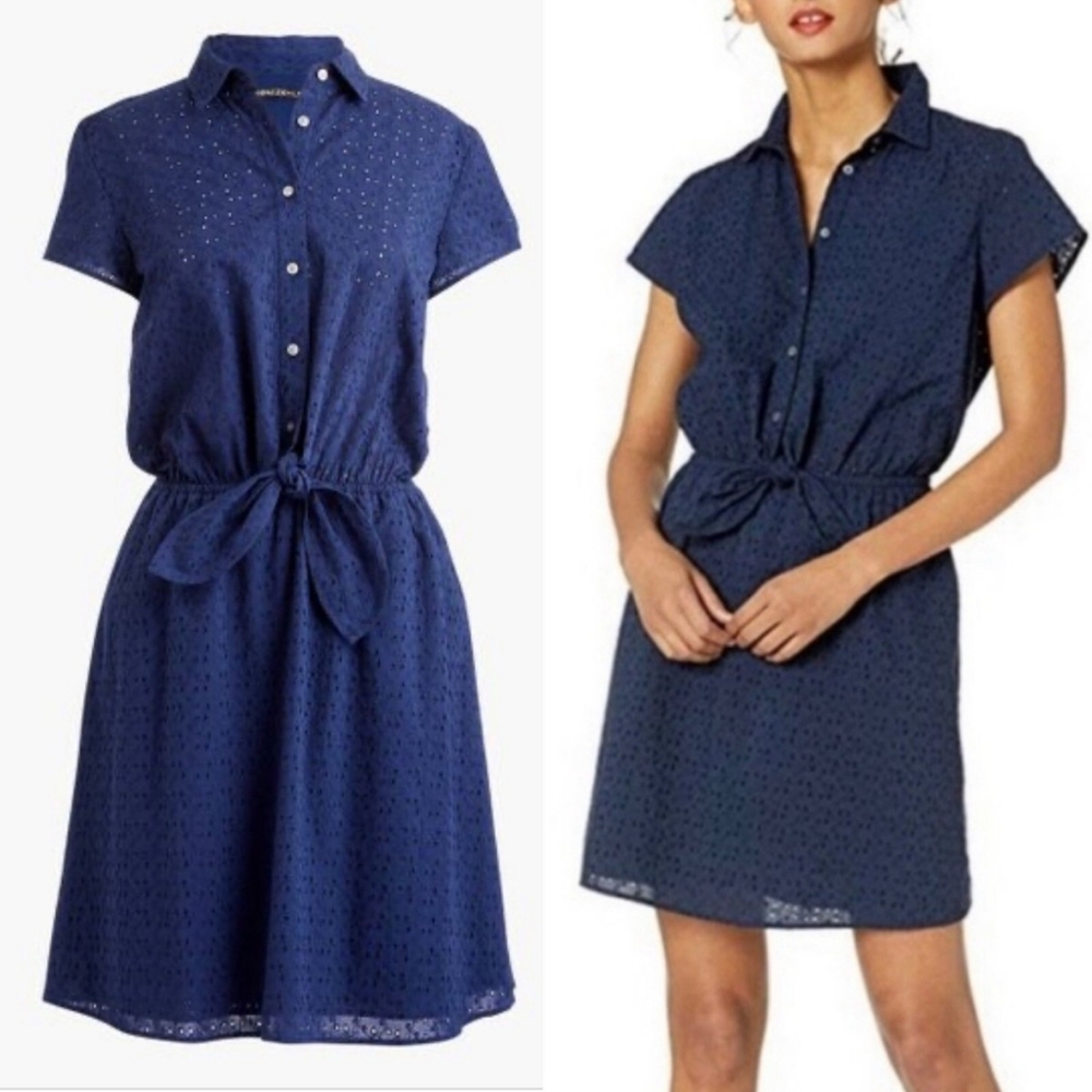 J. Crew Mercantile Blue Eyelet Mini Shirt Dress Partially Lined Size Medium